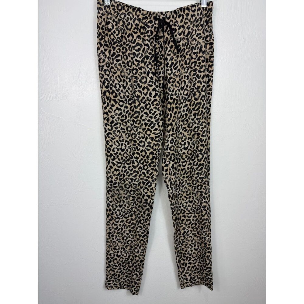 Rebecca Taylor Leopard Print Drawstring Lounge Pants Silk Trim Beige Black S - Picture 2 of 9
